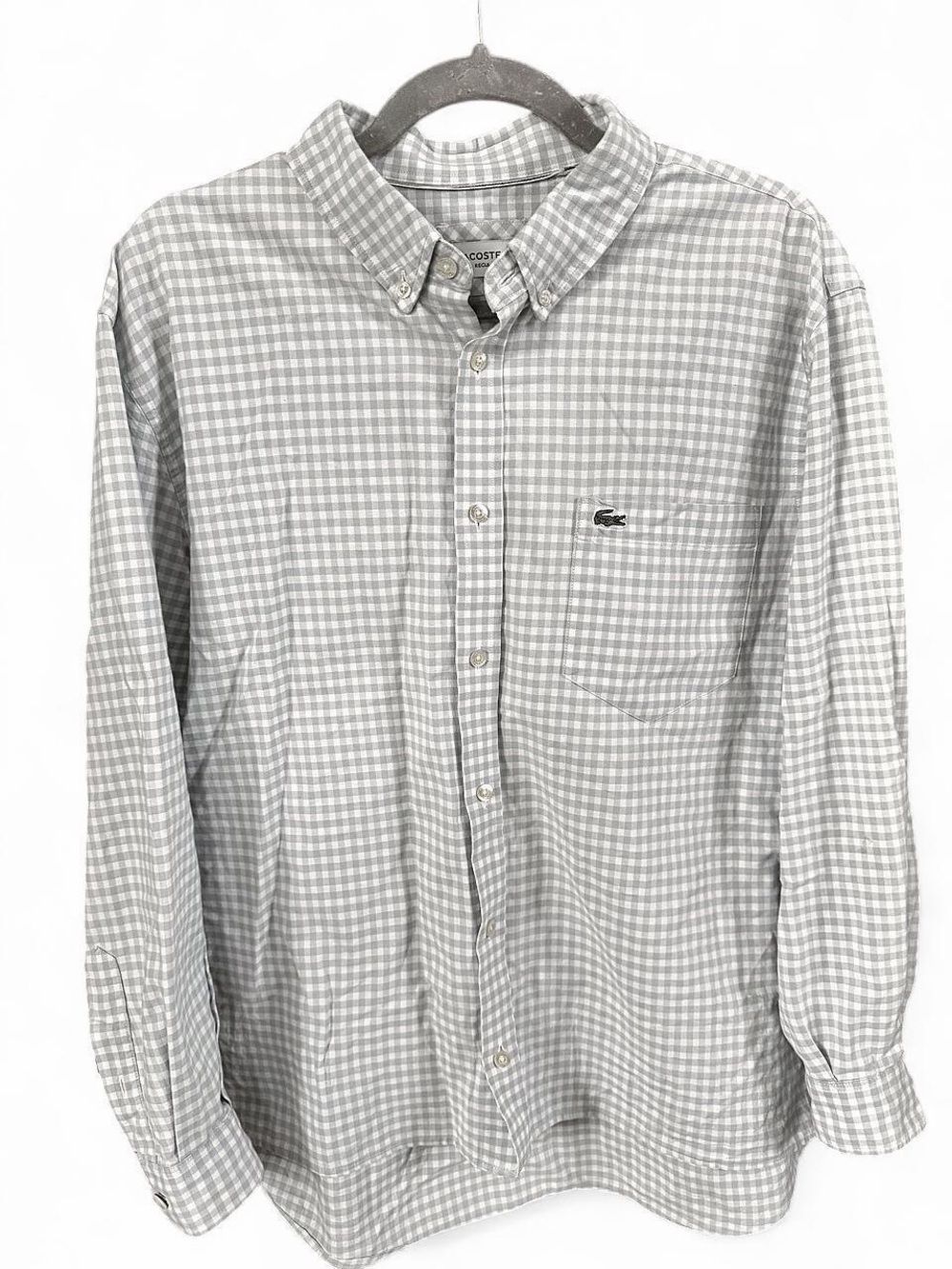 Lacoste Men's Gray Gingham Button-Down Shirt with Embroidered Logo